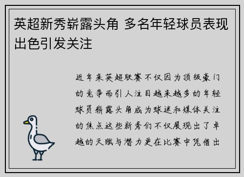 英超新秀崭露头角 多名年轻球员表现出色引发关注